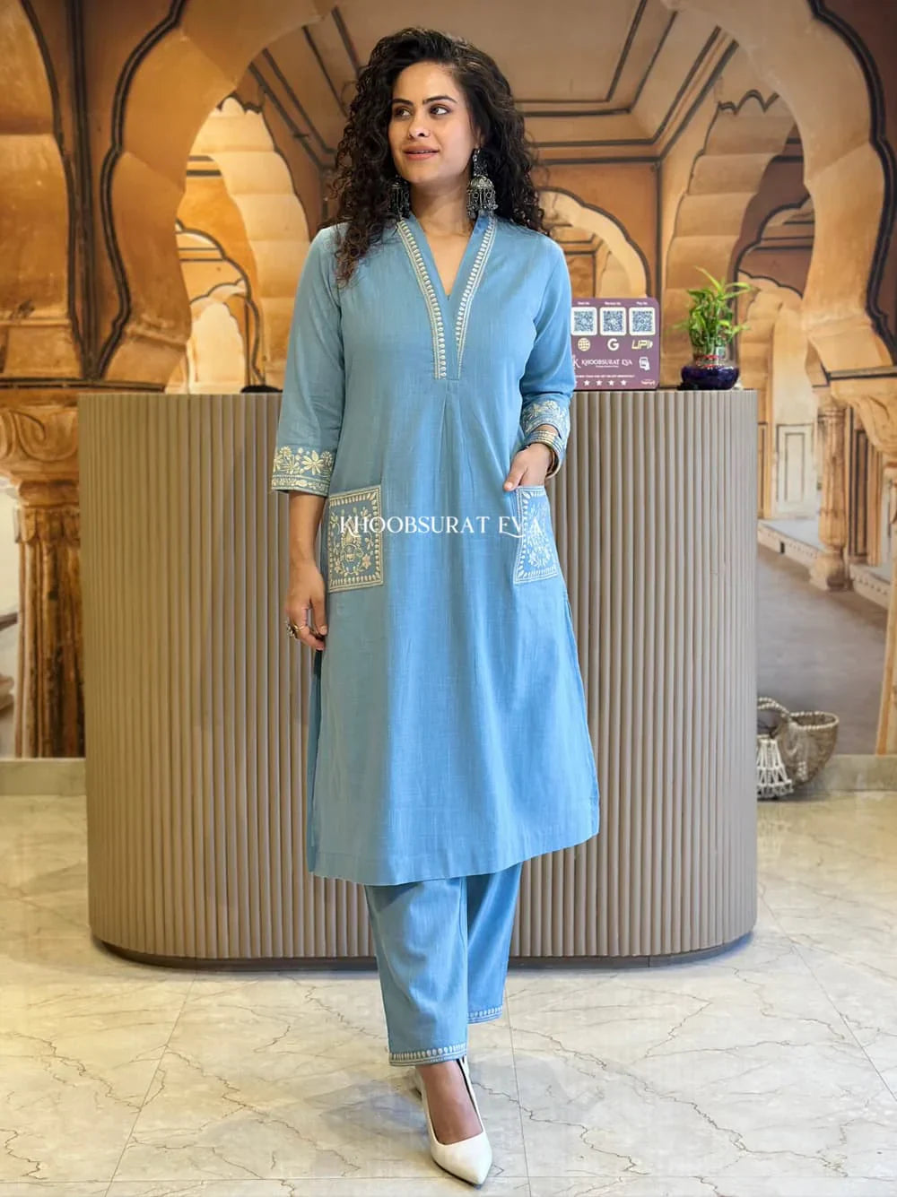Elegant Sky Blue Embroidered Cotton Kurta Set