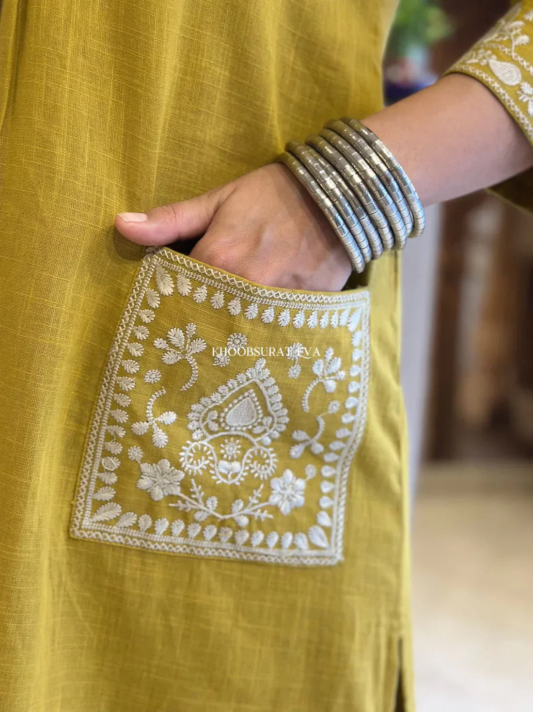 Mustard Yellow Cotton Kurta With White Embroidery