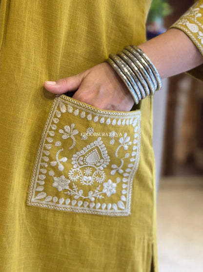 Mustard Yellow Cotton Kurta With White Embroidery