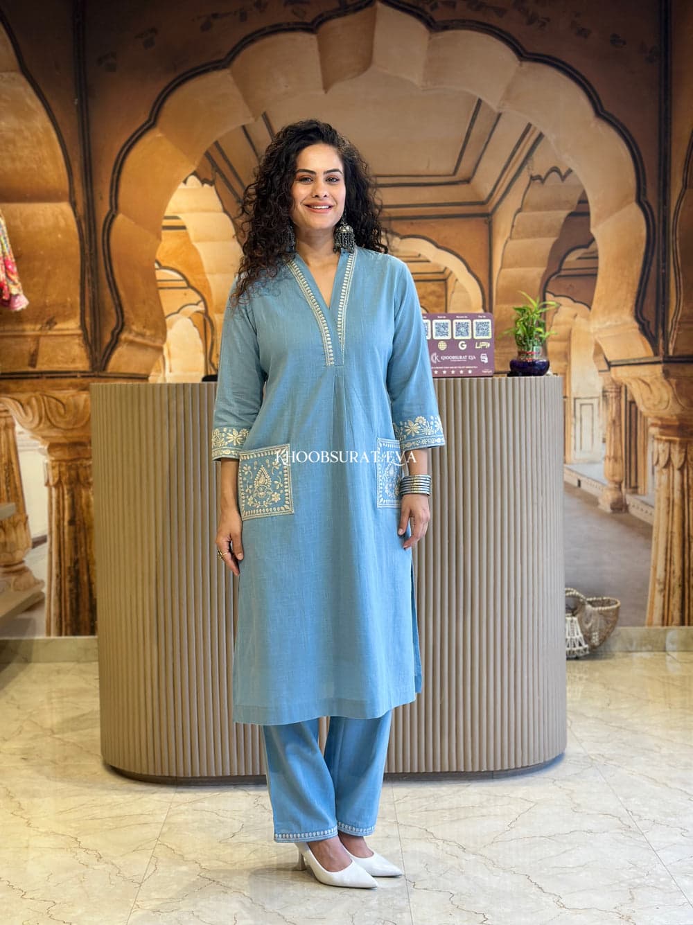 Elegant Sky Blue Embroidered Cotton Kurta Set