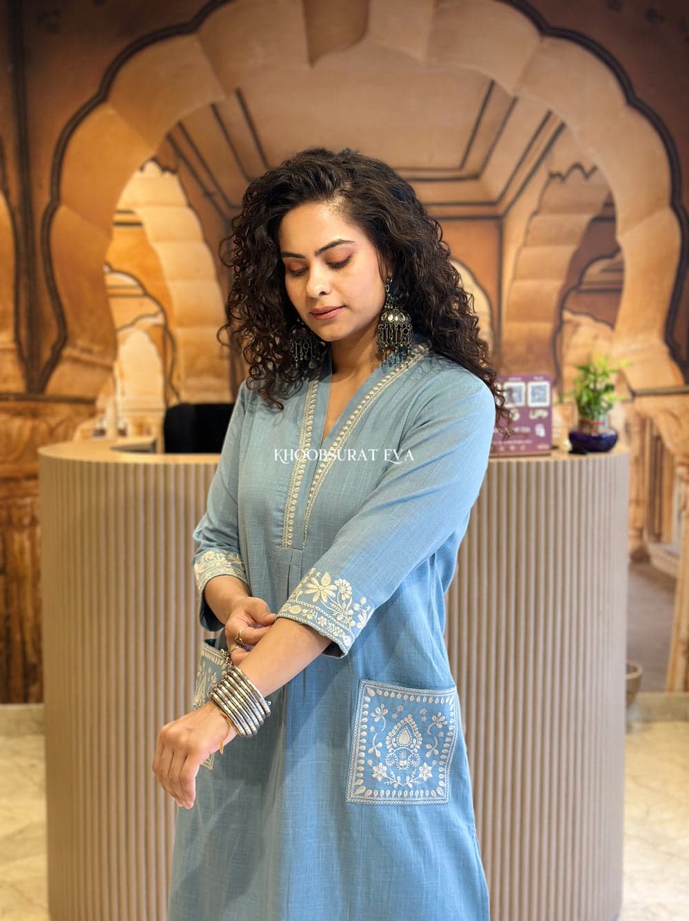 Elegant Sky Blue Embroidered Cotton Kurta Set