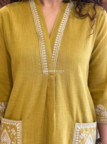 Mustard Yellow Cotton Kurta With White Embroidery