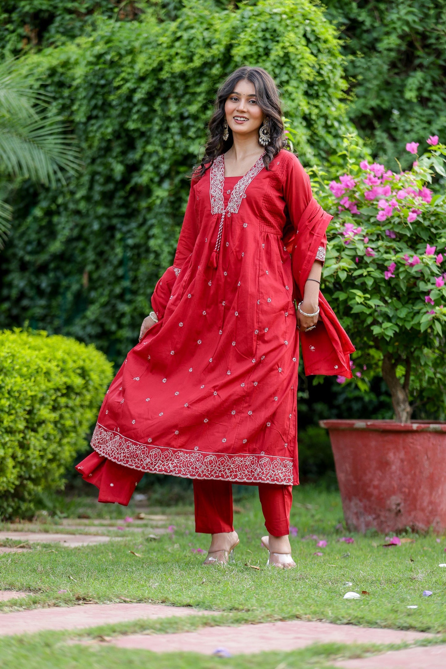 Pure Mulmul Cotton V Neck Suit Set With Dupatta