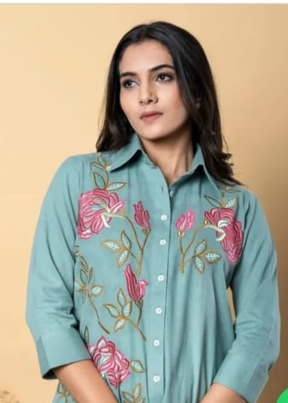 Heavy Cotton Khadi Co-Ord Set With Embroidery