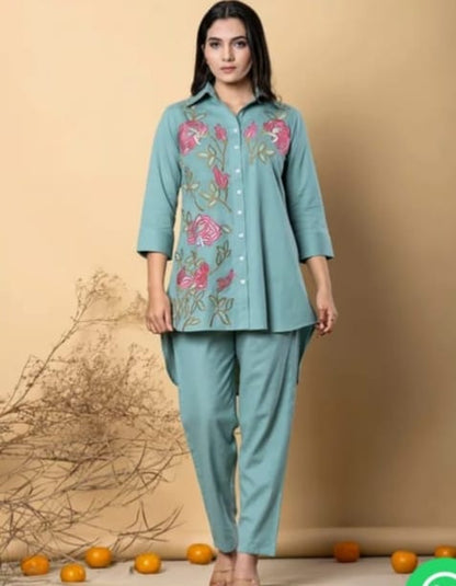 Heavy Cotton Khadi Co-Ord Set With Embroidery