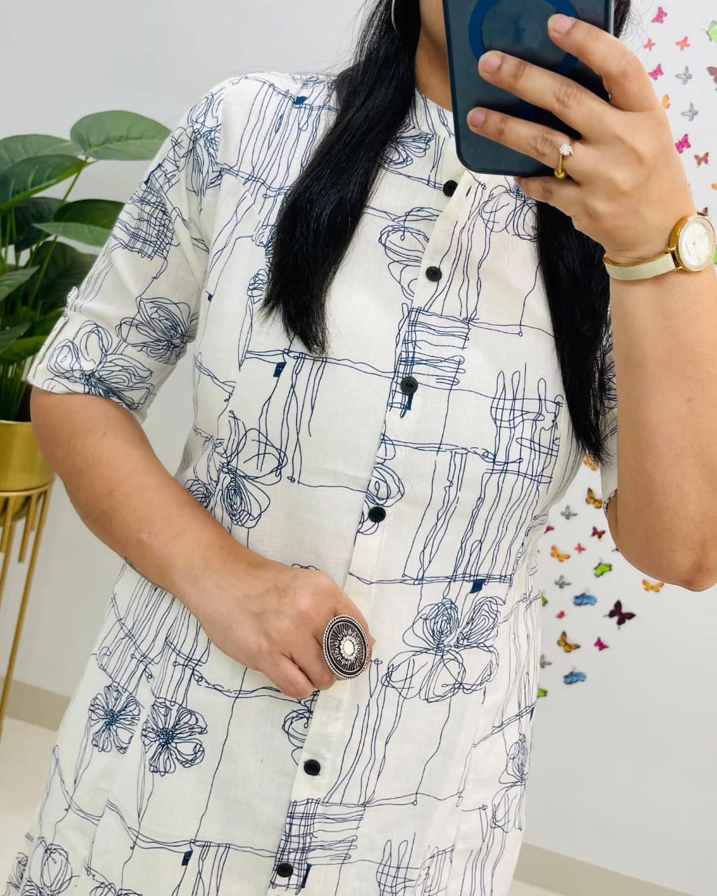 White Floral Pure Cotton Printed White Kurta Set