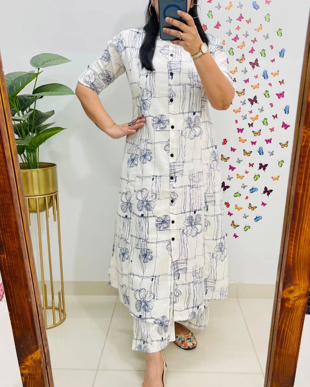 White Floral Pure Cotton Printed White Kurta Set