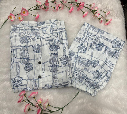 White Floral Pure Cotton Printed White Kurta Set