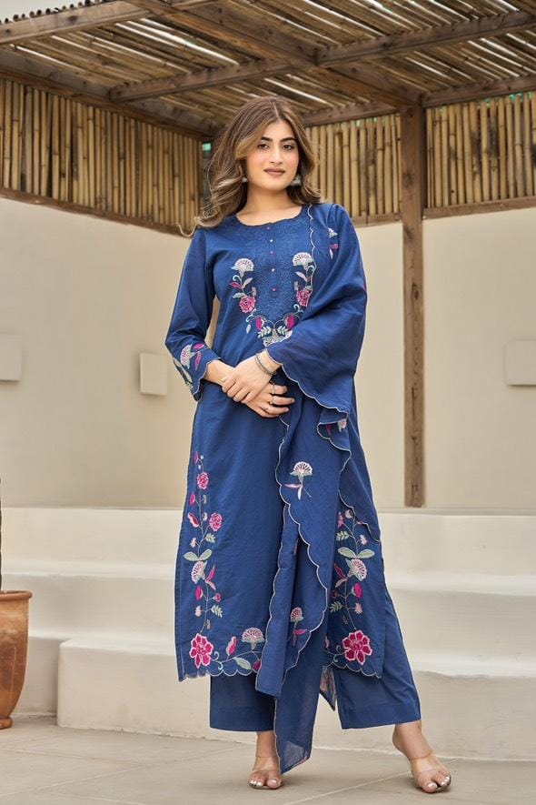 Heavy Cotton 3 Piece Suit Set With Embroidery Dupatta