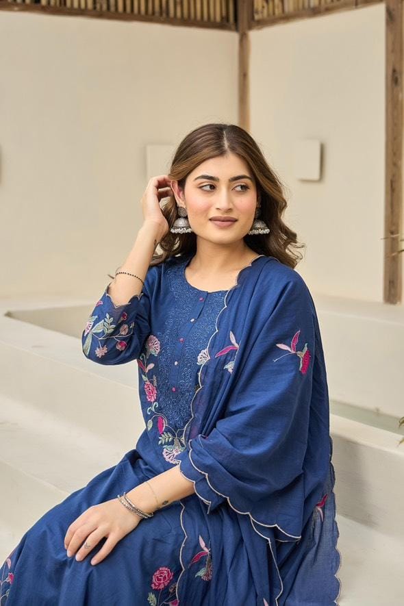 Heavy Cotton 3 Piece Suit Set With Embroidery Dupatta