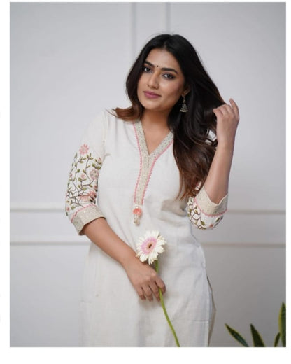 Modish Embroidered Cotton Kurta Pant Set (White)