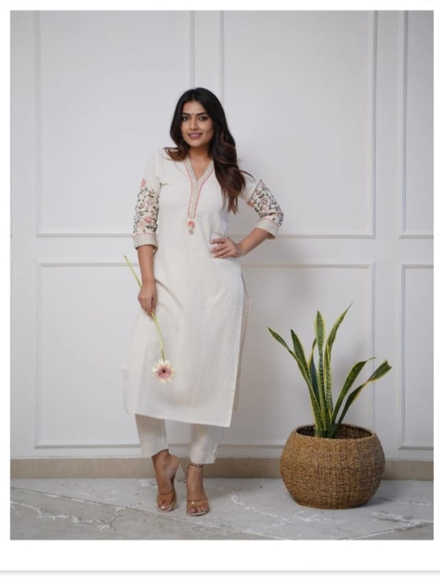 Modish Embroidered Cotton Kurta Pant Set (White)