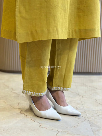 Mustard Yellow Cotton Kurta With White Embroidery
