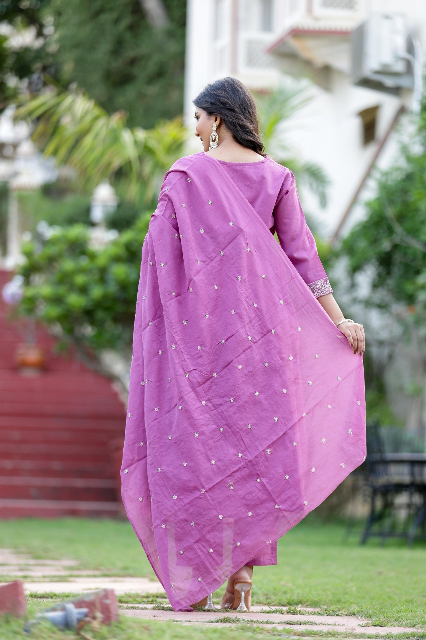 Pure Mulmul Cotton V Neck Suit Set With Dupatta