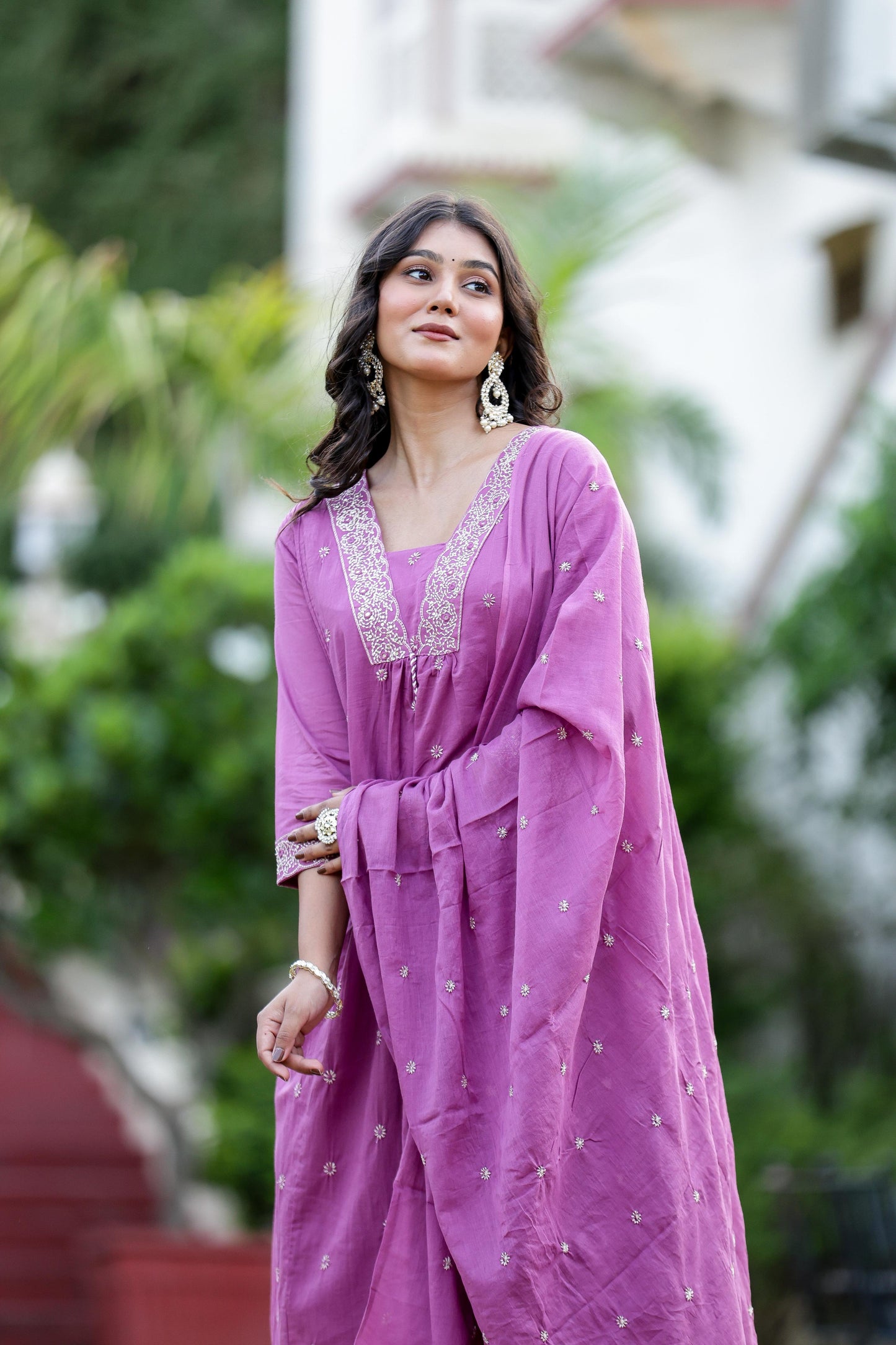 Pure Mulmul Cotton V Neck Suit Set With Dupatta