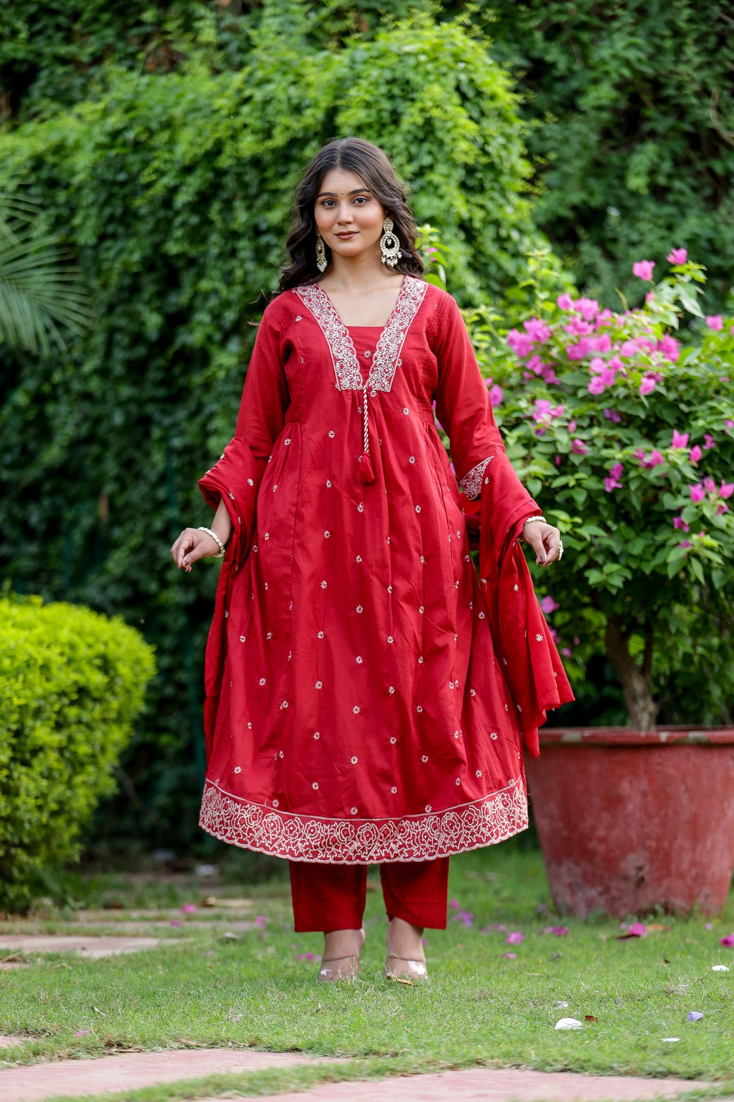 Pure Mulmul Cotton V Neck Suit Set With Dupatta