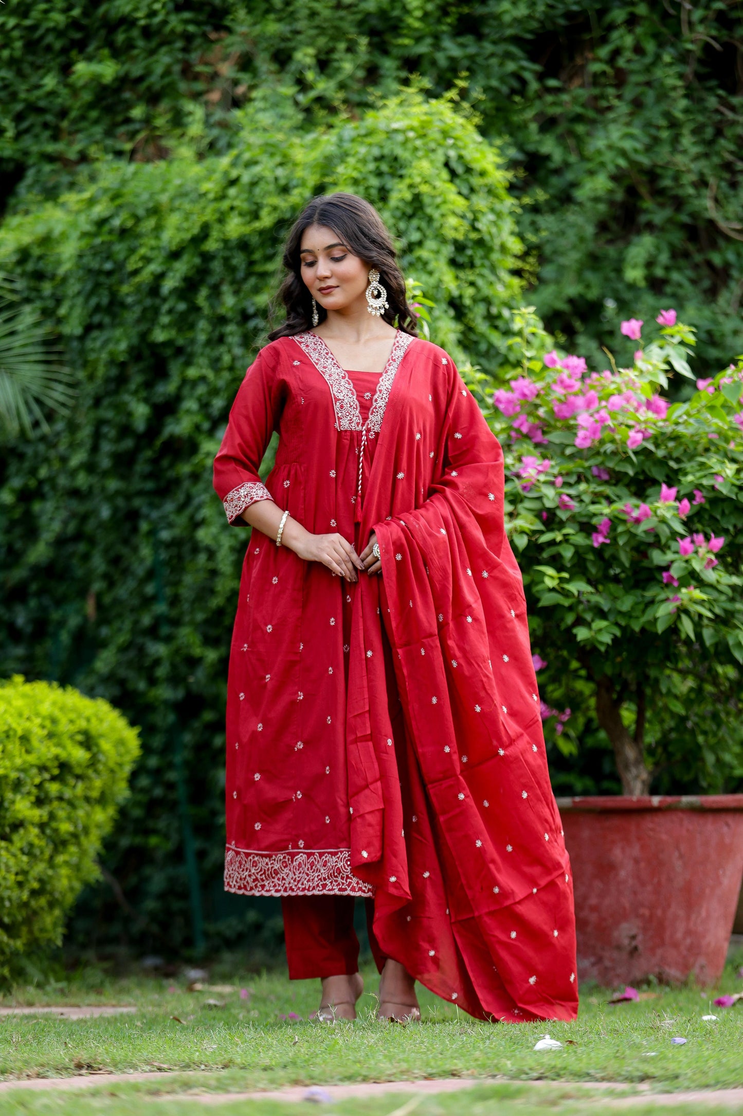 Pure Mulmul Cotton V Neck Suit Set With Dupatta