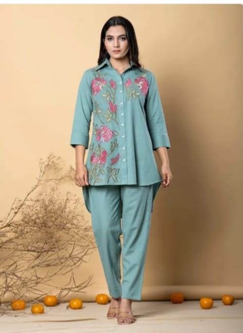 Heavy Cotton Khadi Co-Ord Set With Embroidery
