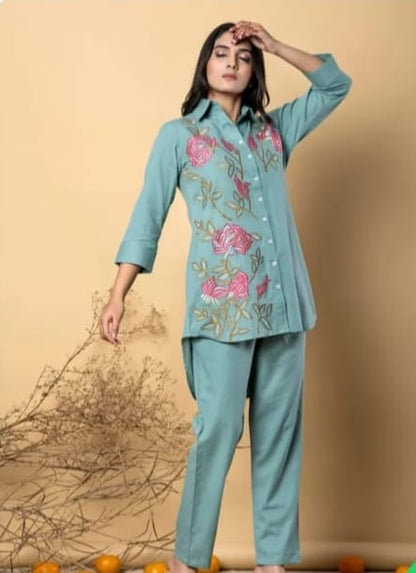 Heavy Cotton Khadi Co-Ord Set With Embroidery