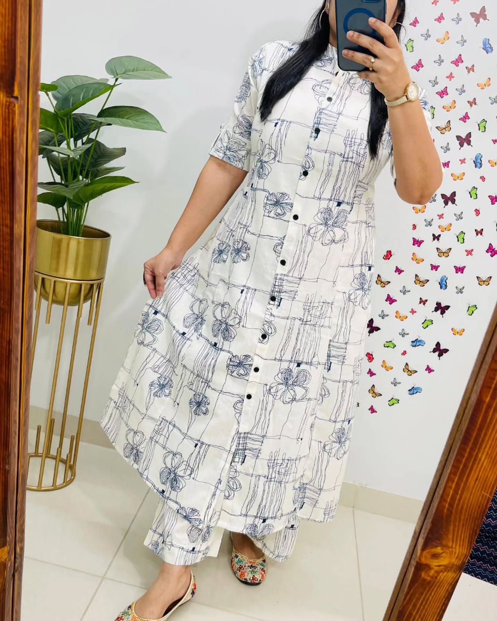White Floral Pure Cotton Printed White Kurta Set