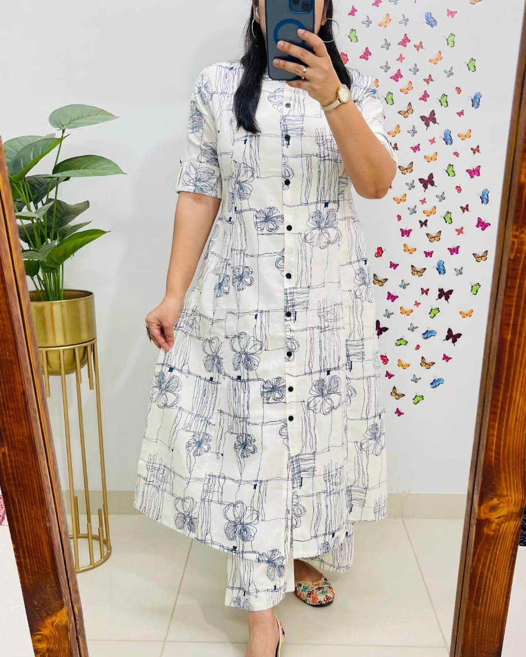 White Floral Pure Cotton Printed White Kurta Set