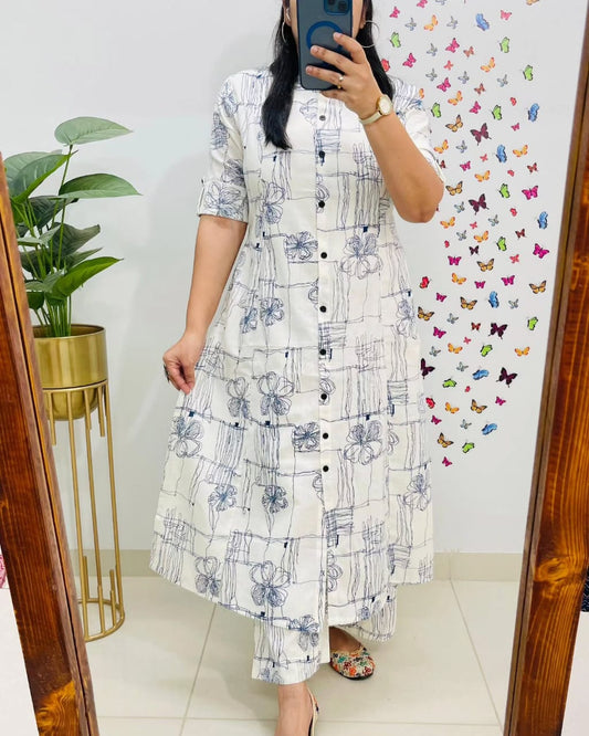 White Floral Pure Cotton Printed White Kurta Set