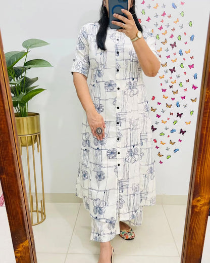 White Floral Pure Cotton Printed White Kurta Set