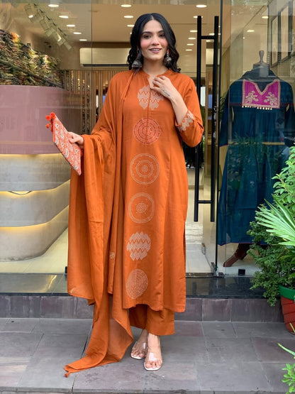Rust Orange Embroidered Cotton Suit Set with Dupatta