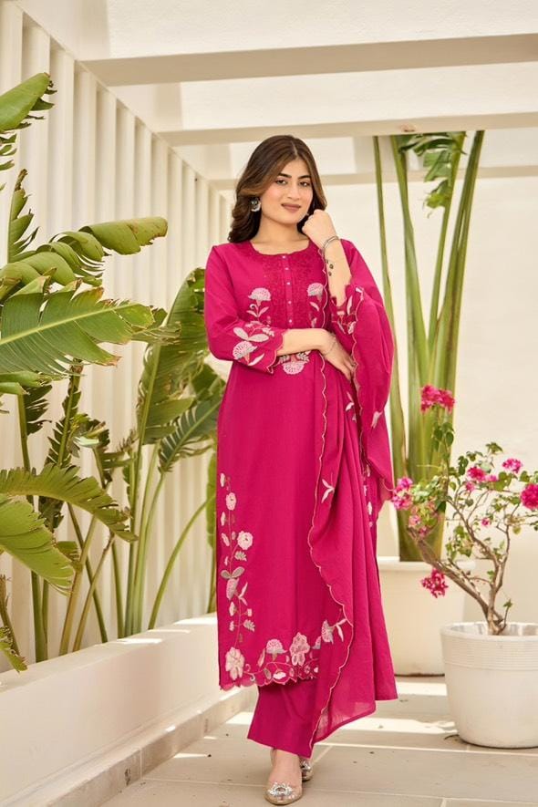 Heavy Cotton 3 Piece Suit Set With Embroidery Dupatta