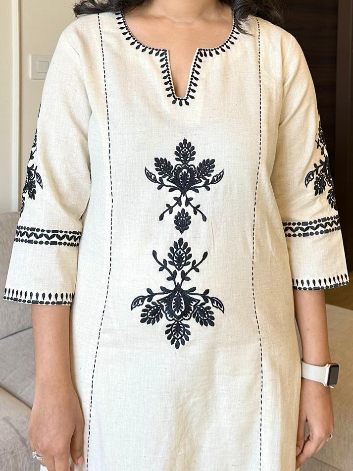 Elegant Off-White Kurti With Black Thread Embroidery