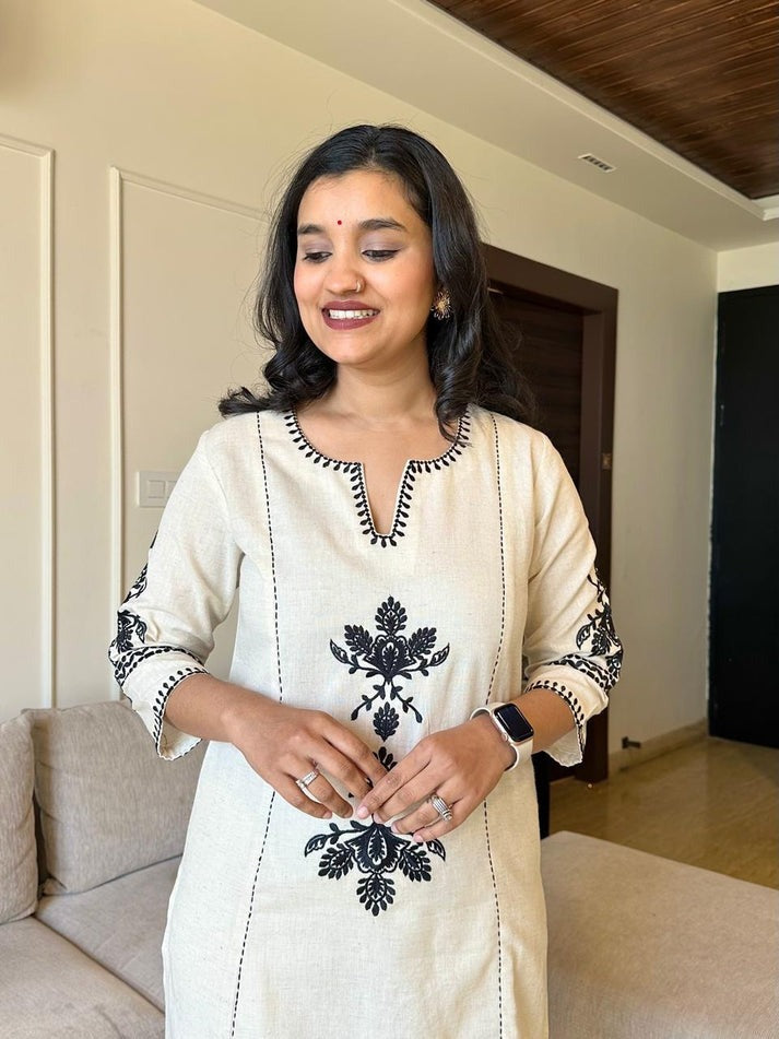 Elegant Off-White Kurti With Black Thread Embroidery