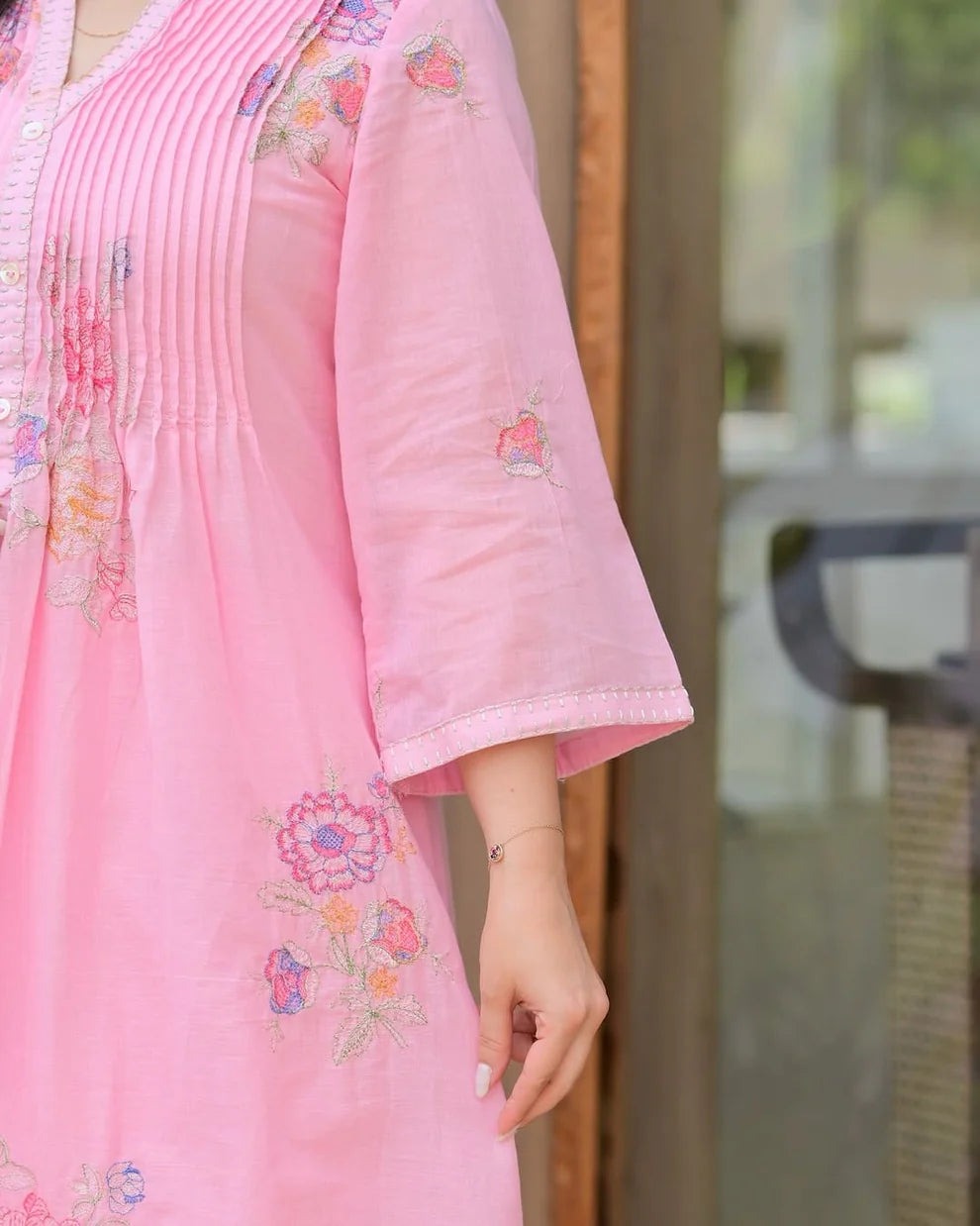 Blush Pink Premium Floral Embroidered A-Line Kurta