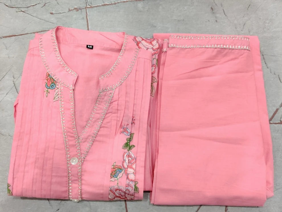 Blush Pink Premium Floral Embroidered A-Line Kurta