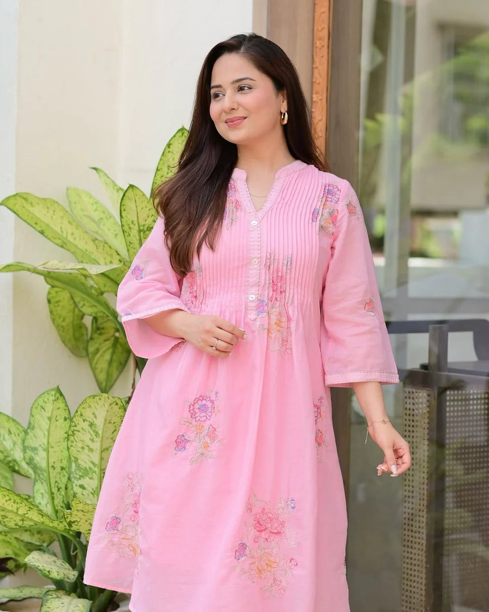 Blush Pink Premium Floral Embroidered A-Line Kurta