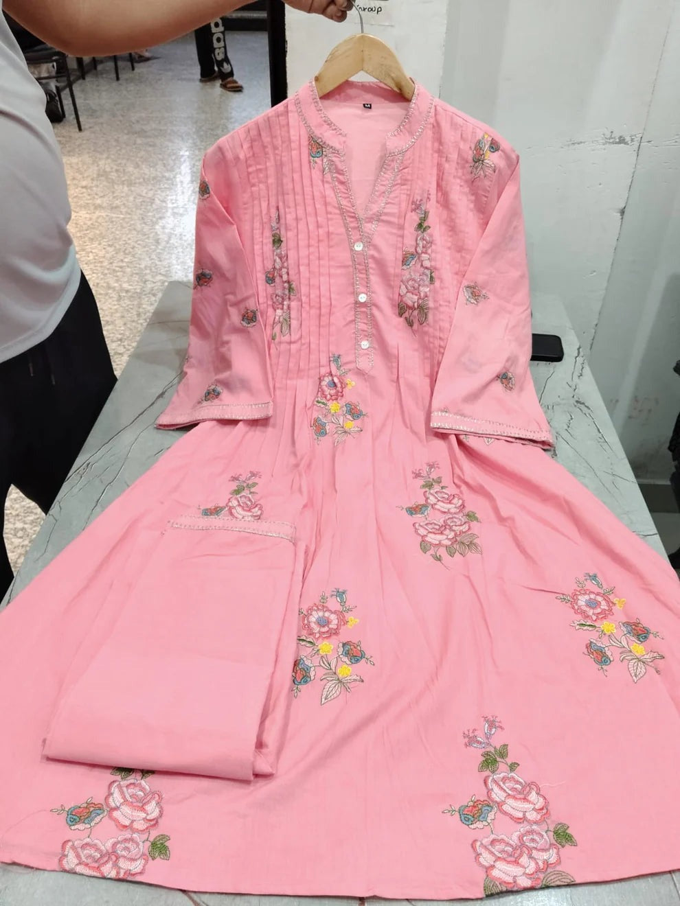Blush Pink Premium Floral Embroidered A-Line Kurta